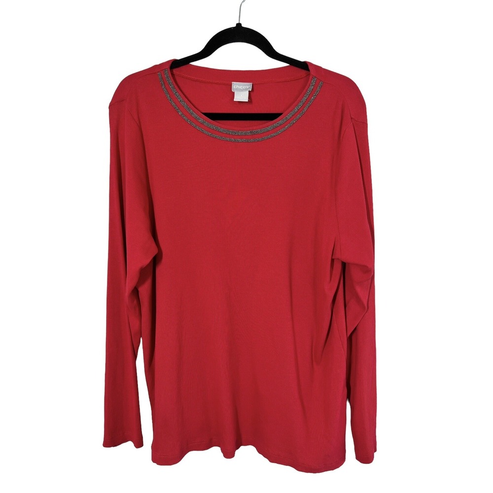 Chico's Top T Shirt Red Ribbed Beaded Neckline Coastal Classic Chicos 3 Size XL